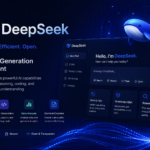 Featured image showing DeepSeek AI with a modern chatbot interface, blue technology-themed background, and visual elements representing coding, data analysis, research, and intelligent conversations.