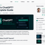 Screenshot-style illustration of a blog article about ChatGPT, featuring the ChatGPT logo, a chatbot interface, article content, table of contents, author profile, and related AI articles.